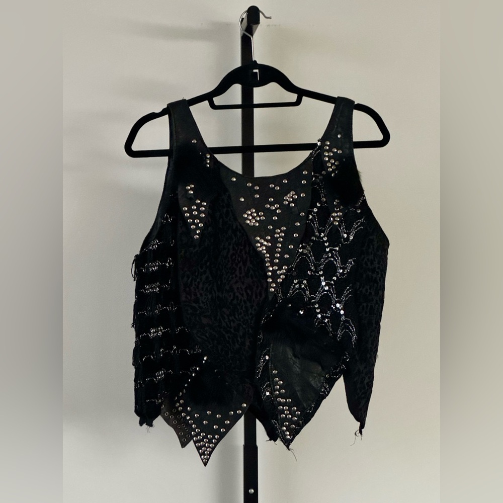Vintage 90s Maximalist Leather Fringe Fur Velvet Studded Tank